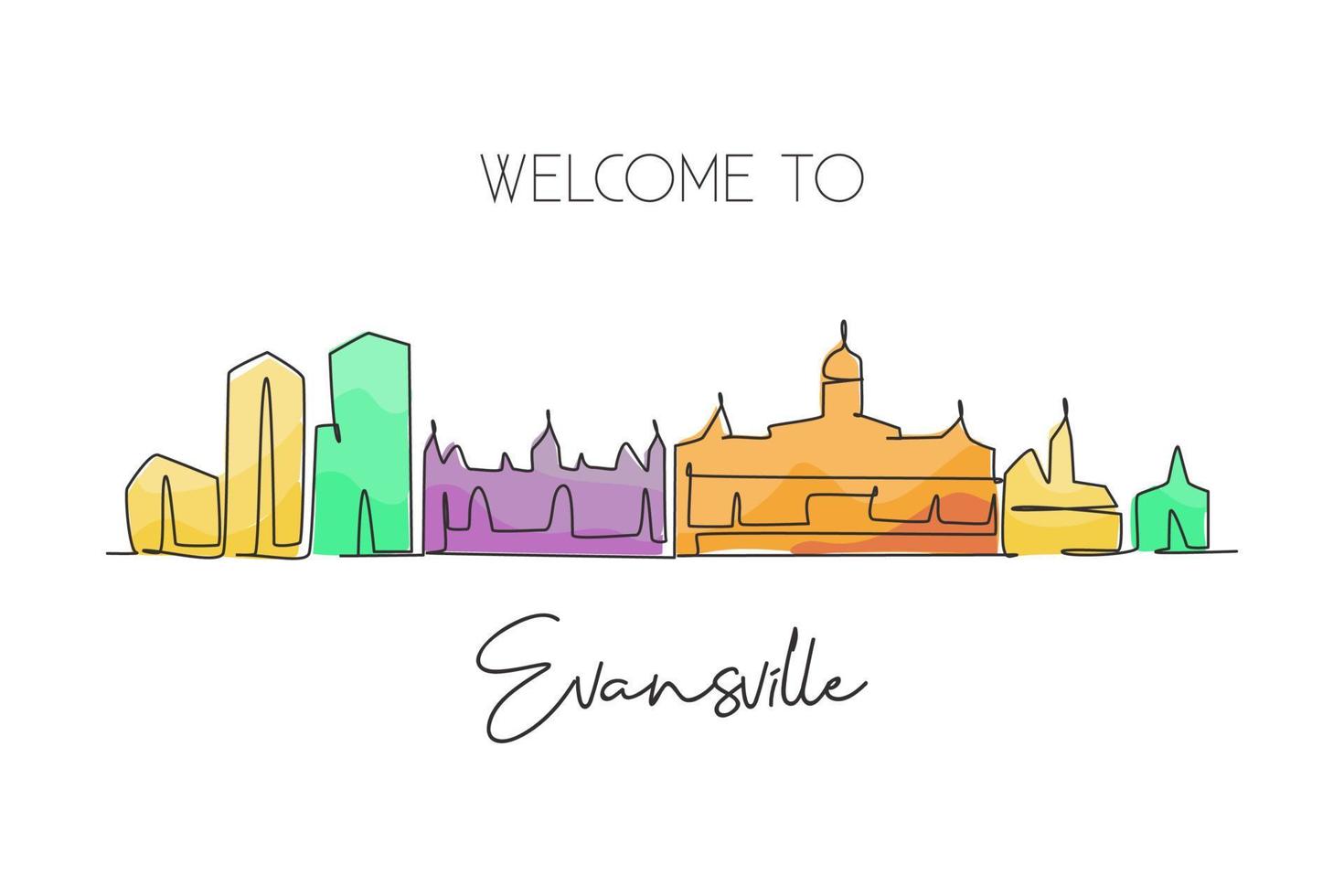 Eine durchgehende Strichzeichnung der Skyline von Evansville, Indiana. schönes Wahrzeichen. Weltlandschaftstourismus Reisehauptwanddekor-Plakatdruck. stilvolle einzeilig zeichnende Design-Vektorillustration vektor