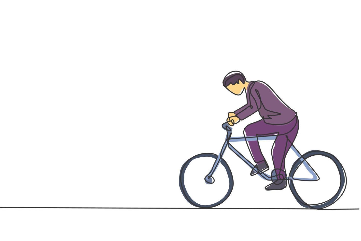 enda kontinuerlig linje som ritar ung manlig arbetare som cyklar till kontoret. utmärkt professionell affärsman arbetsetik. minimalism koncept dynamisk en rad rita grafisk design vektor illustration