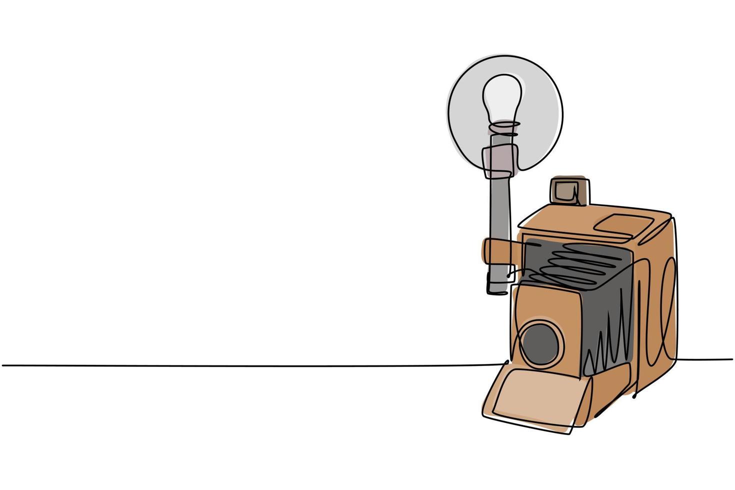 einzelne durchgehende Strichzeichnung des alten Retro-Analogkamera-Mittelformats mit Blitzlicht. Vintage Fotografie Ausrüstung Konzept eine Linie zeichnen Design Vektorgrafik Illustration vektor