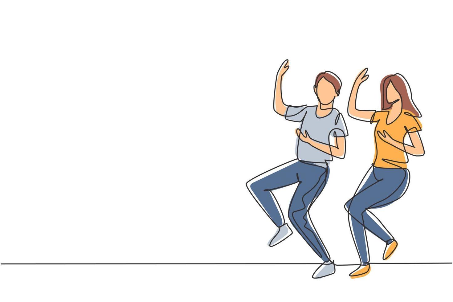 enda kontinuerlig linjeteckning man och kvinna dansar lindy hop eller swing. manliga och kvinnliga karaktärer som dansar i skolan. lyckligt par. dynamisk en rad rita grafisk design vektorillustration vektor