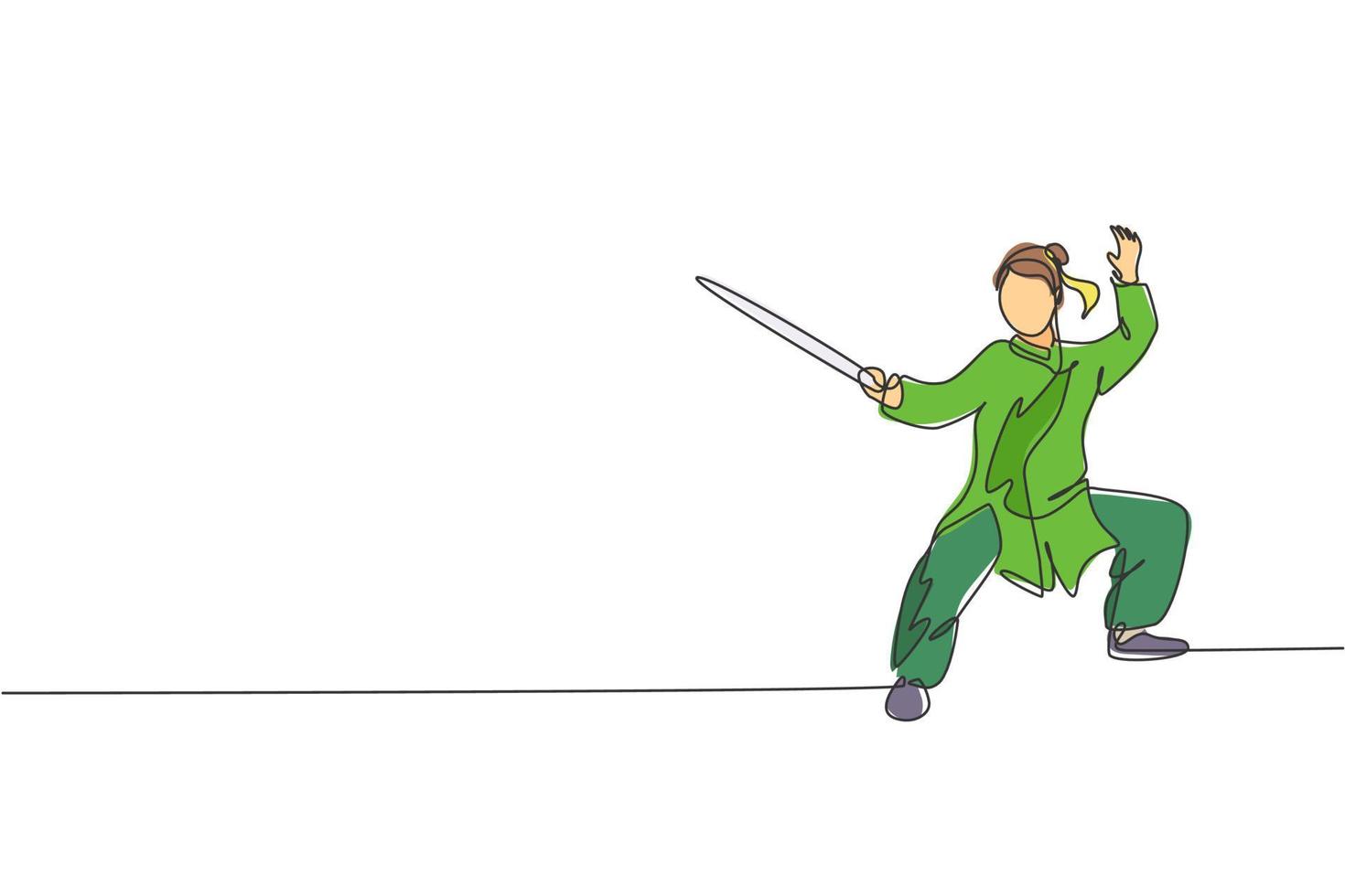 enda kontinuerlig linjeteckning av ung kvinna wushu fighter, kung fu mästare i uniform träning med svärd på dojo center. slåss tävling koncept. trendiga en rad rita design vektorillustration vektor