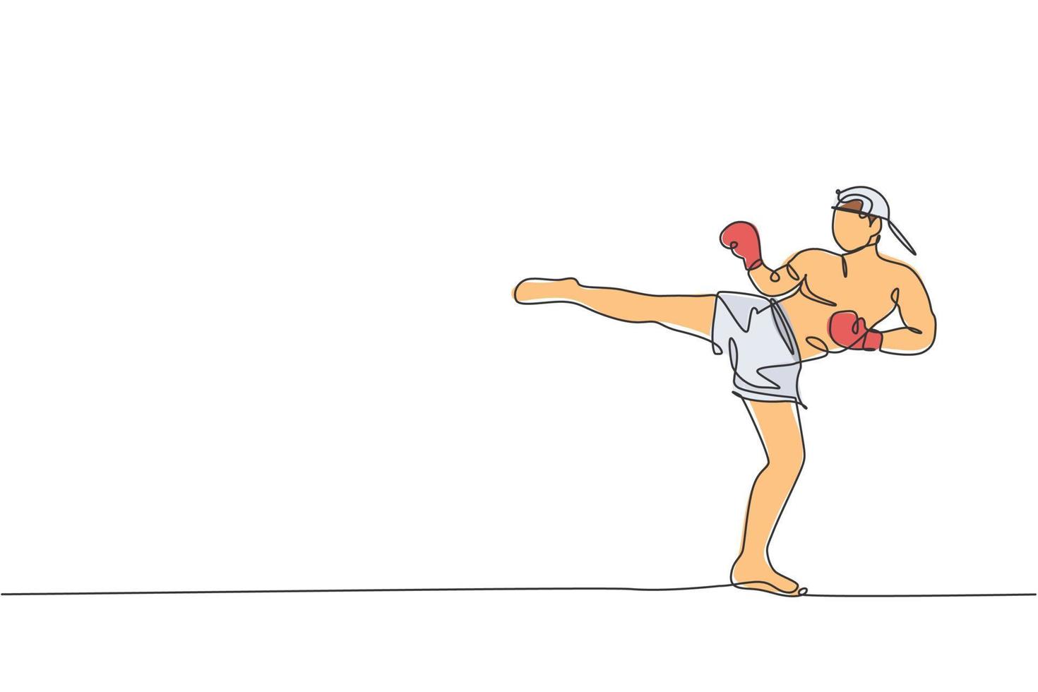 Single Continuous Line Drawing junger sportlicher Mann, der Thaiboxen im Fitnessstudio Club Center trainiert. kämpferisches muay thai sportkonzept. Wettkampfveranstaltung. trendige grafikdesign-vektorillustration mit einer linie zeichnen vektor