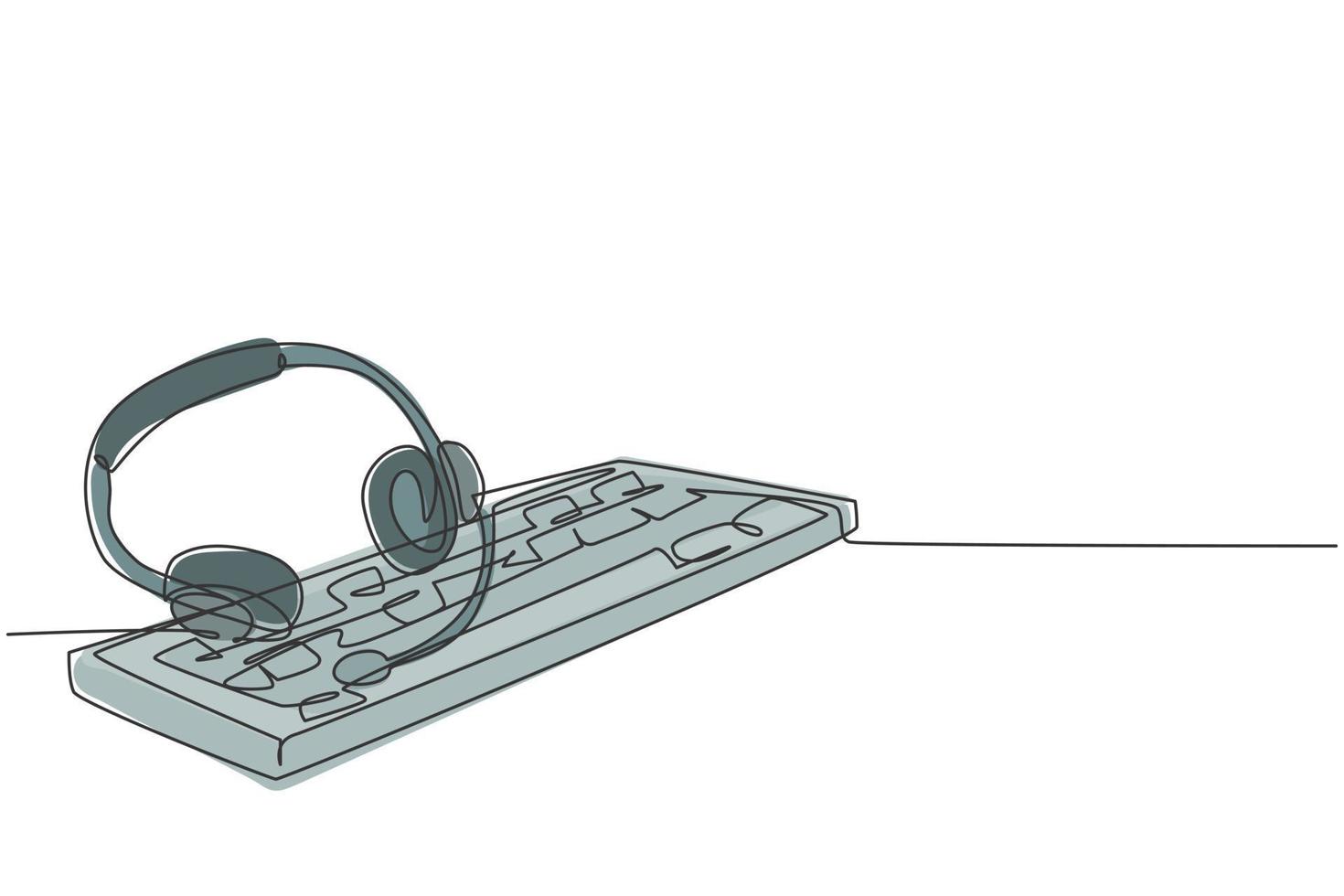 en enda radritning av hörlurar med mikrofon och tangentbord på skrivbordet som verktyg för kundtjänstvård. call center koncept kontinuerlig linje grafisk rita design vektor illustration