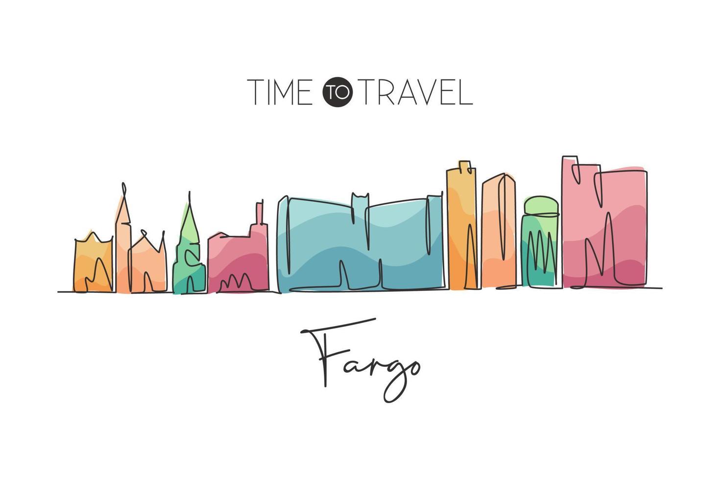 Eine einzige Linie, die die Skyline der Stadt Fargo, North Dakota, zeichnet. welthistorische Stadtlandschaftspostkarte. bestes Urlaubsziel. Bearbeitbarer Strich trendige durchgehende Linie zeichnen Design-Vektor-Illustration vektor