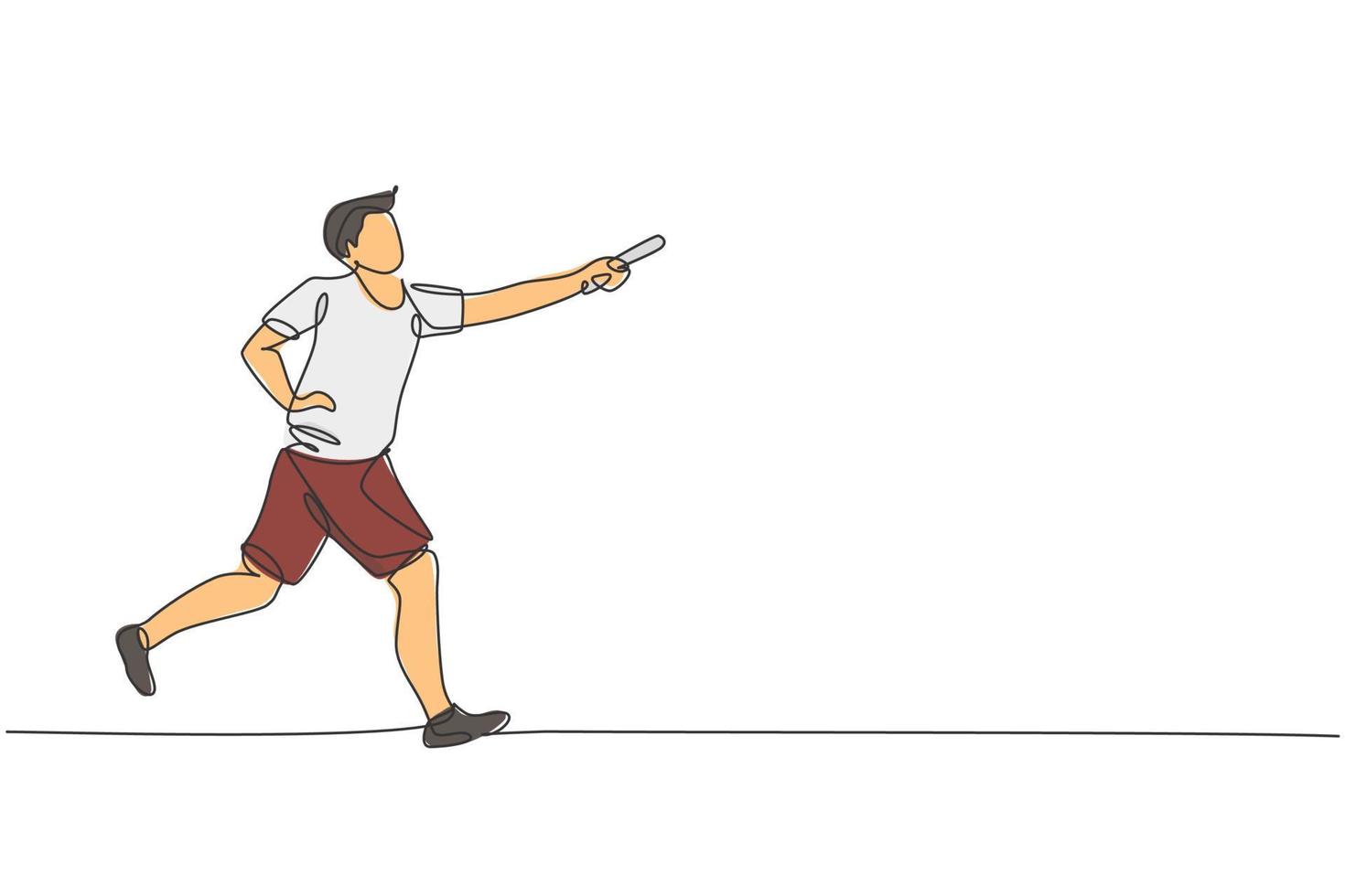ett enda linje teckning ung Lycklig löpare man Prova till passera batong pinne till hans lagkamrat grafisk vektor illustration. friska livsstil och konkurrenskraftig sport begrepp. modern kontinuerlig linje dra design