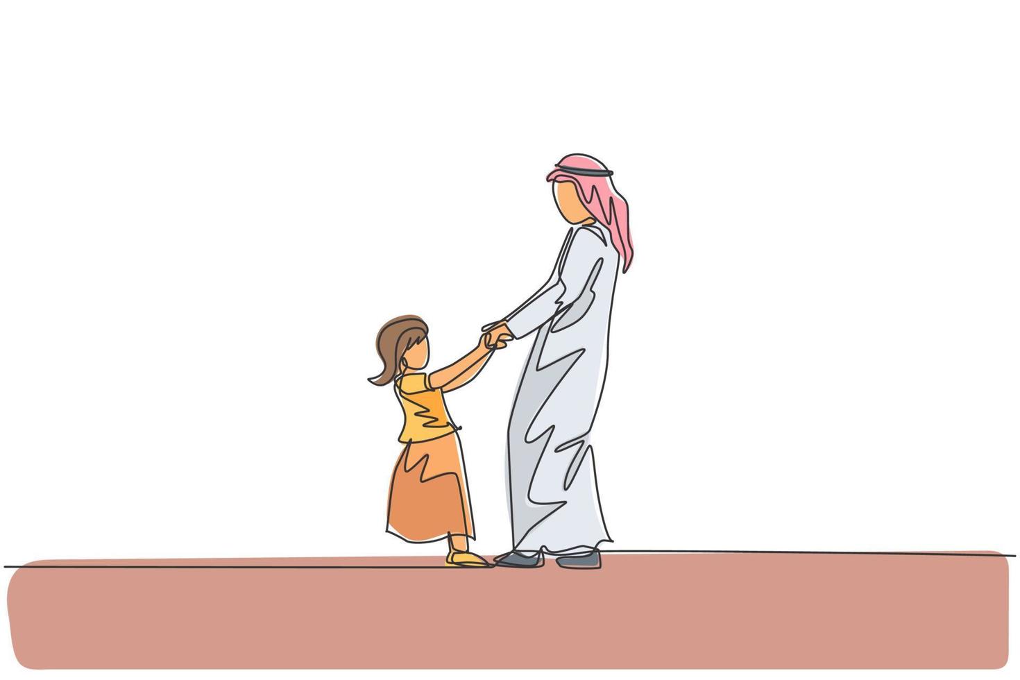 kontinuierliche eine linie zeichnung des jungen arabischen vaters und der tochter, die zu hause zusammen spielen. glückliches islamisches muslimisches familienkonzept. dynamische einzeilige Grafik-Draw-Design-Vektor-Illustration vektor