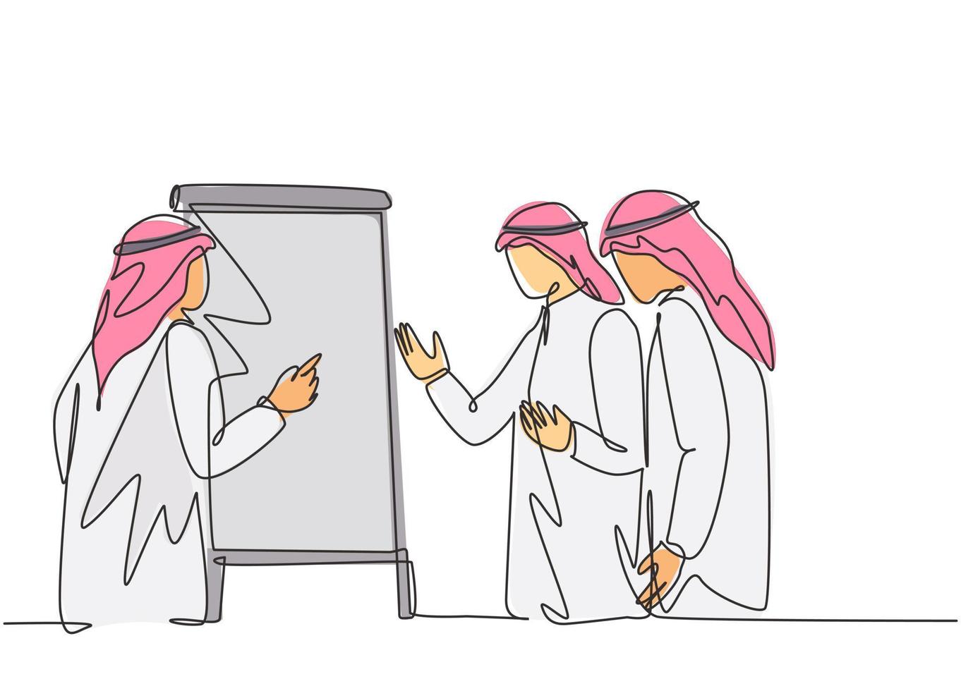 Eine durchgehende Strichzeichnung eines jungen muslimischen Geschäftsmannes, der dem Geschäftspartner einen neuen Produkteinführungsplan vorstellt. islamische Kleidung Kandura, Schal, Keffiyeh. Einzeilige Zeichnungsdesign-Vektorillustration vektor