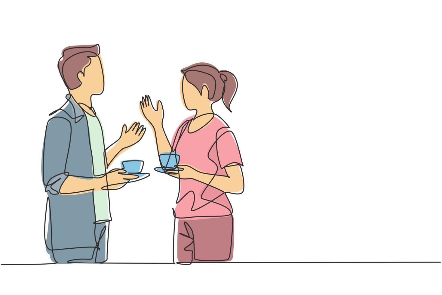 enda kontinuerlig linjeteckning av unga manliga och kvinnliga arbetare som pratar tillsammans medan kontorspaus. dricka kaffe eller te på arbetsplatsen koncept. en rad grafisk rita vektor design illustration