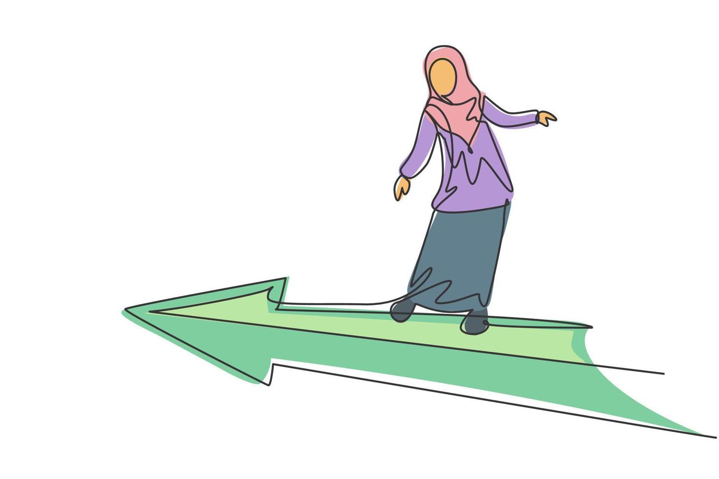 enda kontinuerlig linje ritning av unga professionella kvinnliga arabiska entreprenör flyger rida framåt pil. minimalism metafor koncept dynamisk en rad rita grafisk design vektor illustration