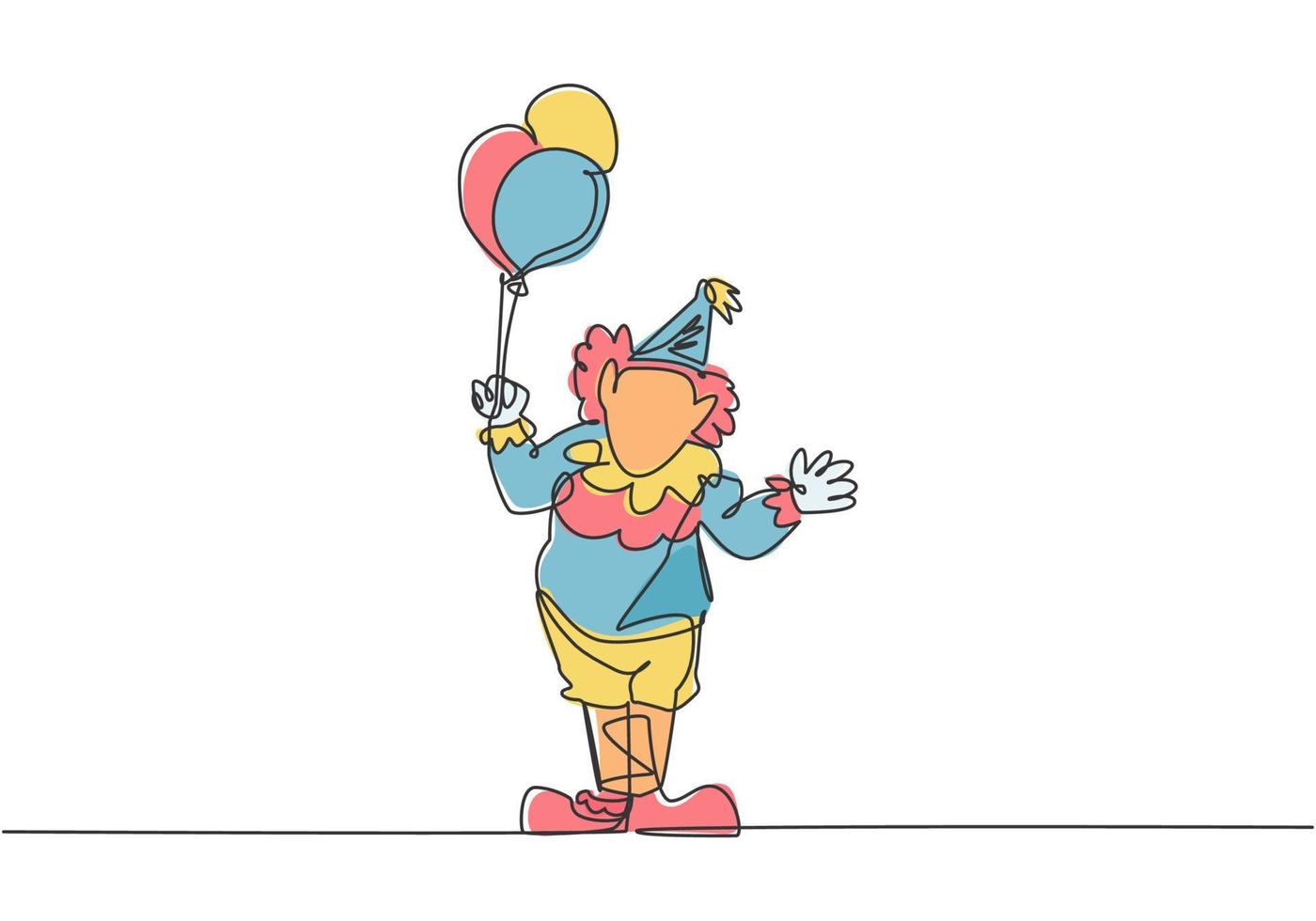 einzelne durchgehende Linie, die den männlichen Clown zeichnet, steht, während er mehrere Ballons in seiner rechten Hand hält. Kinder mögen die Show sehr. dynamische eine Linie zeichnen Grafikdesign-Vektor-Illustration. vektor