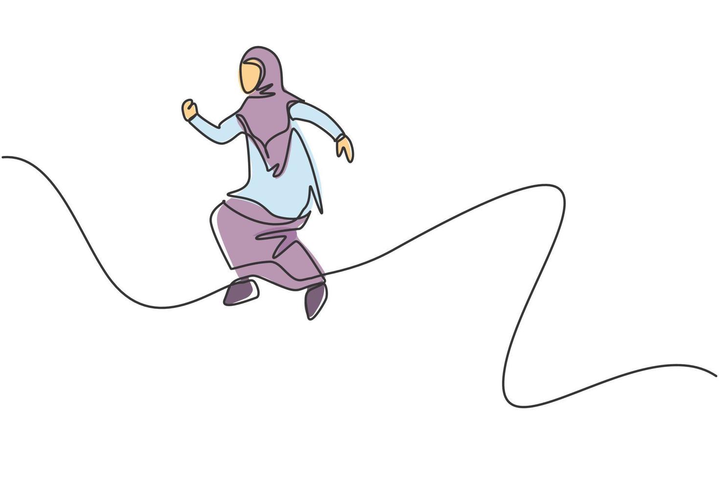 enda en linje ritning av ung arabisk affärskvinna som aktivt hoppar högt upp till himlen. affärsekonomisk tillväxt minimal koncept. modern kontinuerlig linje rita design grafisk vektor illustration