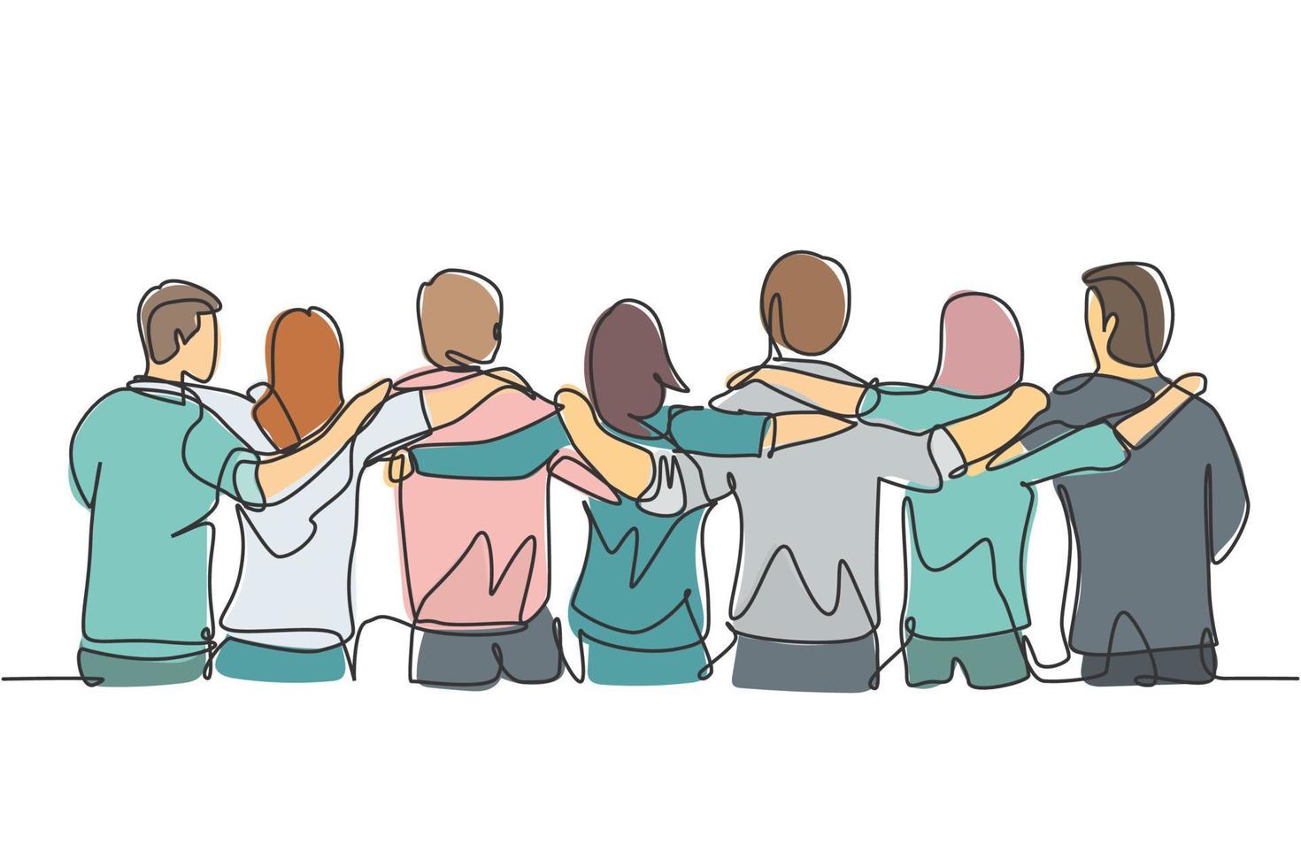 enda kontinuerlig radritning om grupp män och kvinnor från multietniska som står tillsammans för att visa deras vänskapsband. enhet i mångfald koncept en linje rita design vektor illustration