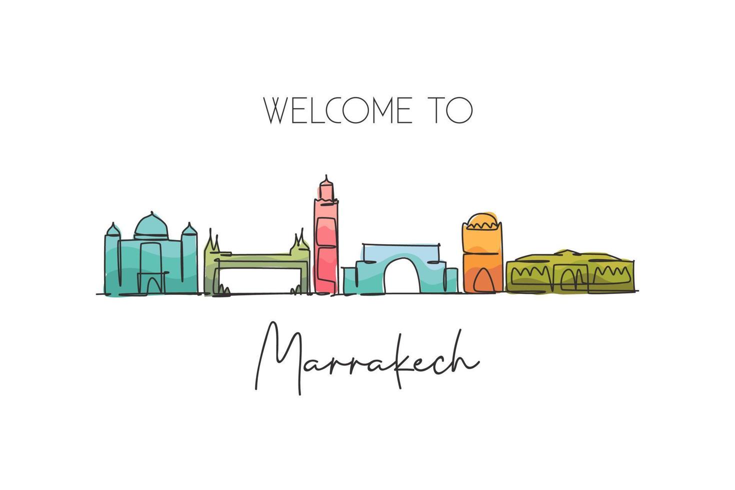 enda kontinuerlig linjeteckning av Marrakech stads silhuett, Marocko. berömd stadsskrapa och landskap hemväggdekor affischtryck. världsresor koncept. moderna en rad rita design vektorillustration vektor