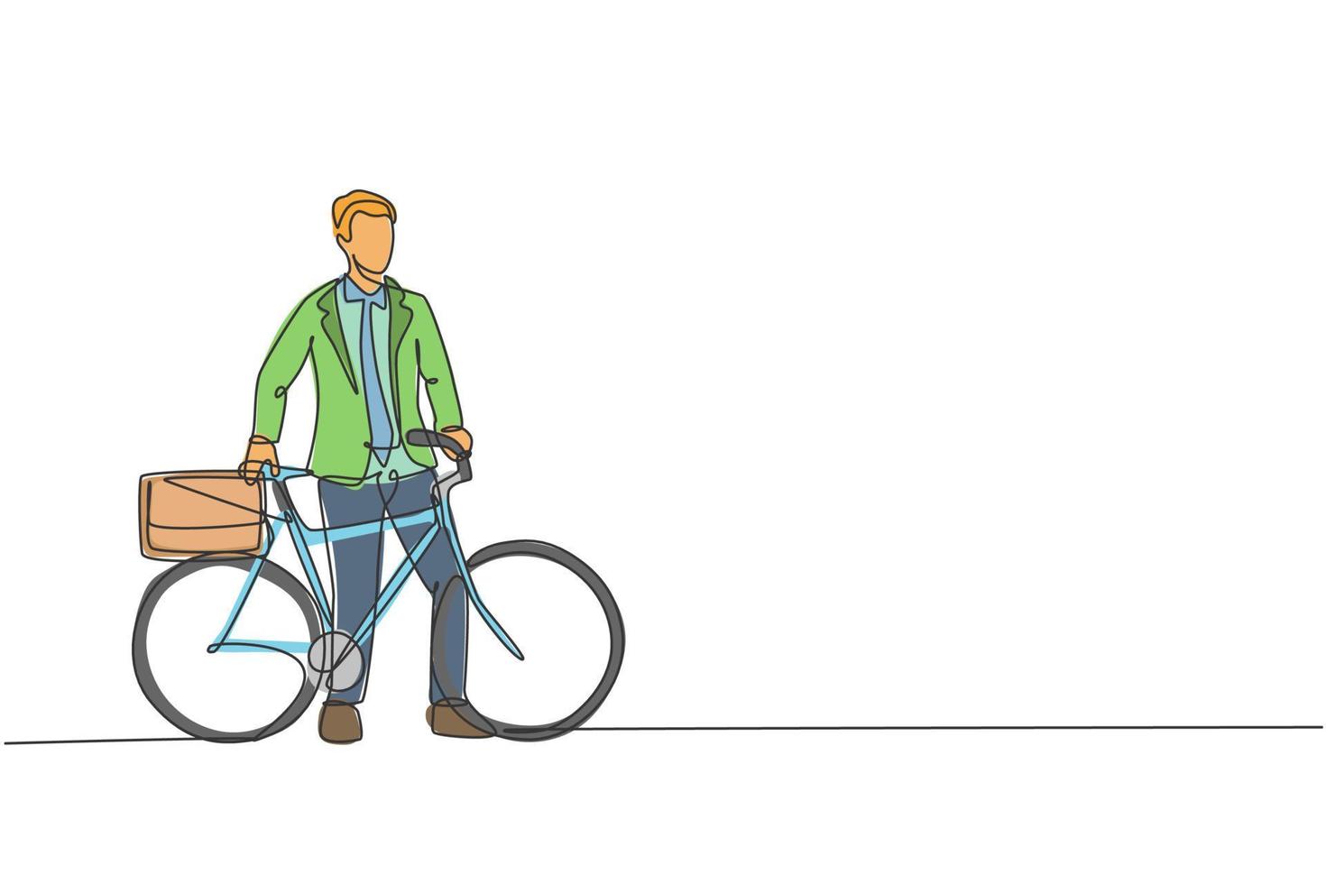einzelne durchgehende linie, die einen jungen professionellen geschäftsmann mit dem fahrrad zu seiner firma zeichnet. Fahrrad zur Arbeit, umweltfreundliches Transportkonzept. trendige einzeilige zeichnen design vektorgrafik illustration vektor
