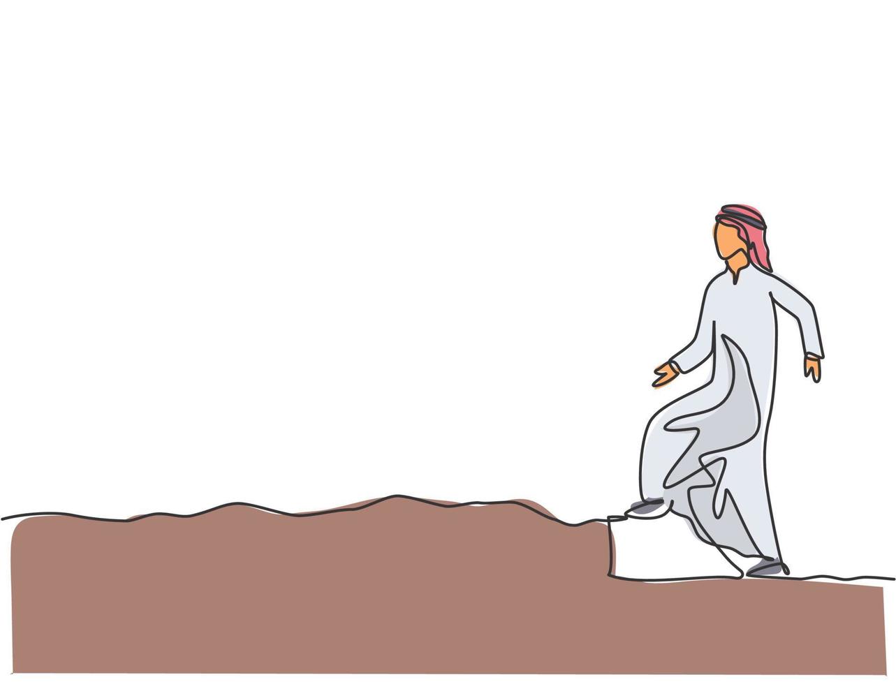 einzelne durchgehende linie, die junge arabische geschäftsleute zeichnet, die auf der bergauf straße gehen, um zu seinem büro zu gehen. Business Time Disziplin Metapher Konzept. eine linie zeichnen grafikdesign-vektorillustration vektor