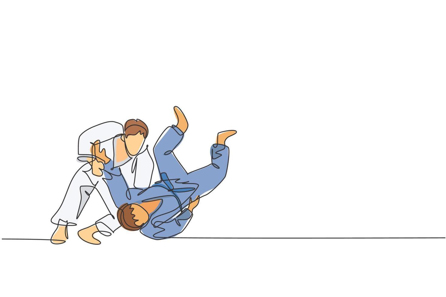 Eine einzige Strichzeichnung von zwei jungen, energischen Judokas-Kämpfern kämpft in der grafischen Vektorillustration des Fitnessstudios. Kampfkunst-Sportwettbewerbskonzept. modernes Design mit durchgehender Linie vektor