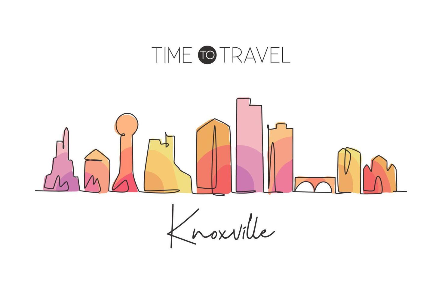 Eine durchgehende Strichzeichnung der Skyline von Knoxville, Tennessee. schönes Wahrzeichen. Weltlandschaftstourismus Reisehauptwanddekor-Plakatdruck. stilvolle einzeilig zeichnende Design-Vektorillustration vektor