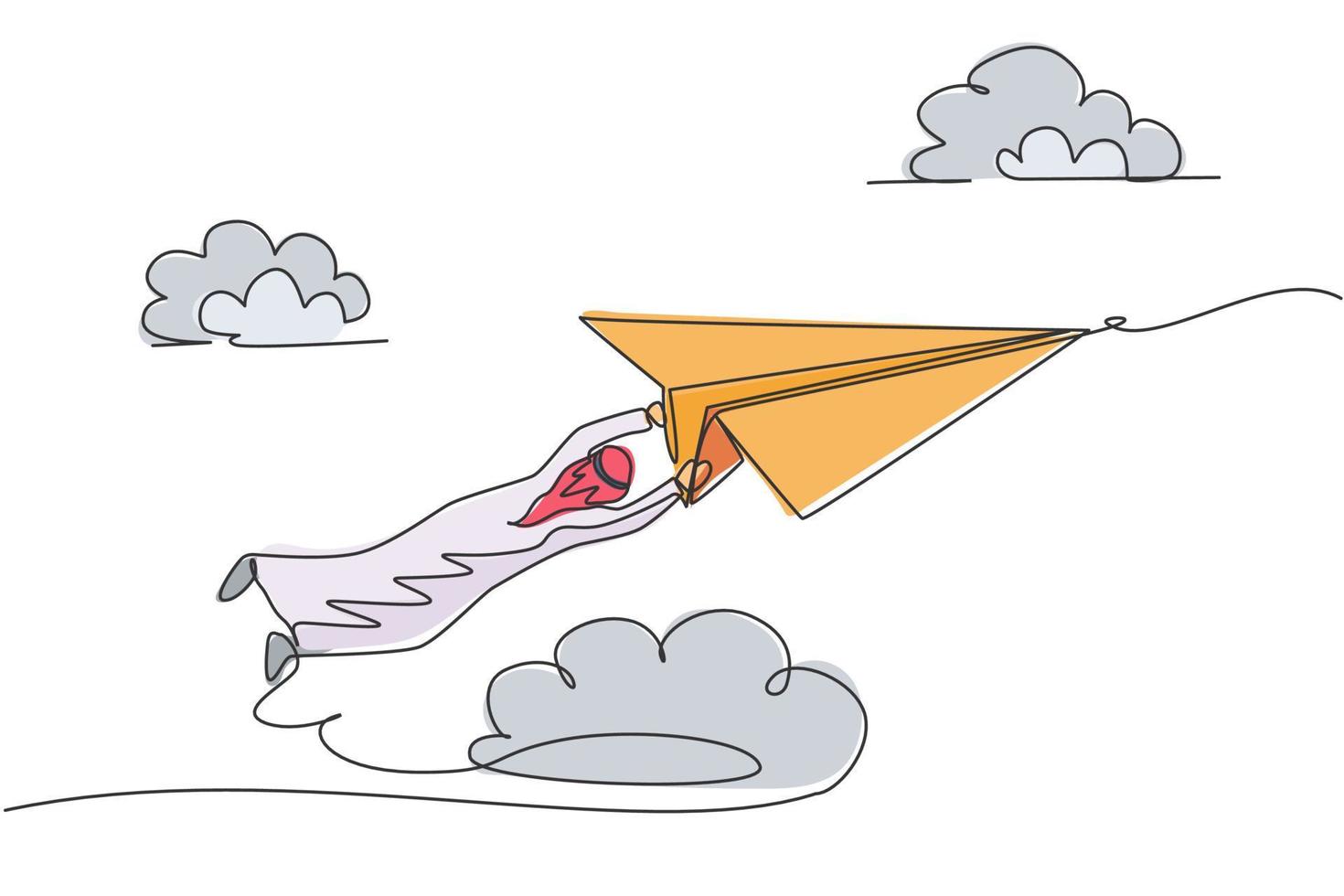 Single One-Line-Zeichnung des jungen arabischen Geschäftsmannes, der fest am Papierflugzeug hängt. Geschäftliche Herausforderung minimales Metapher-Konzept. moderne durchgehende Linie zeichnen Design-Grafik-Vektor-Illustration vektor