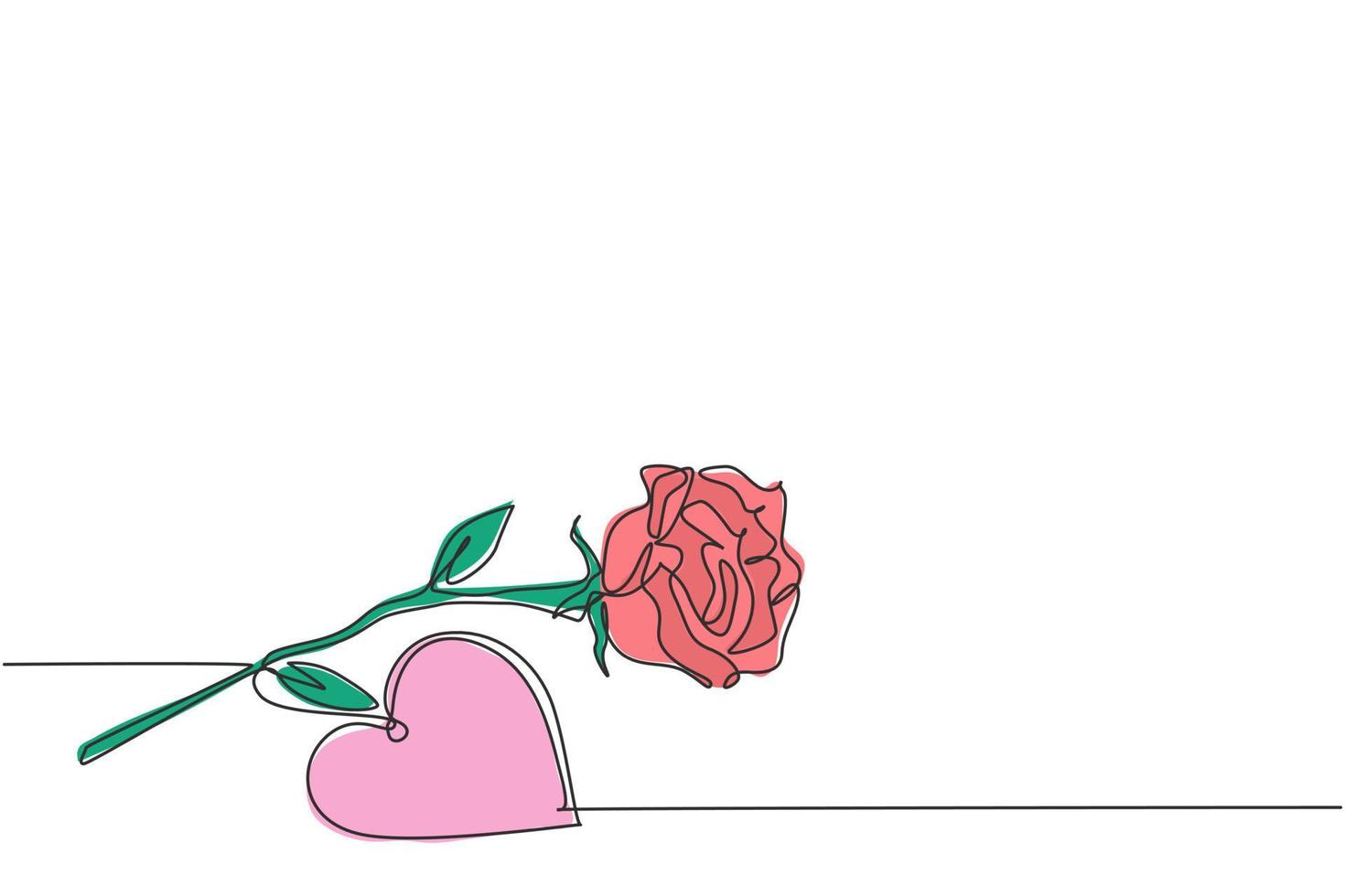 en kontinuerlig linjeteckning av färsk romantisk vacker rosblomma och hjärtformat gratulationskort. trendig inbjudan, logotyp, banner, affisch koncept enkel linje rita design vektor grafisk illustration