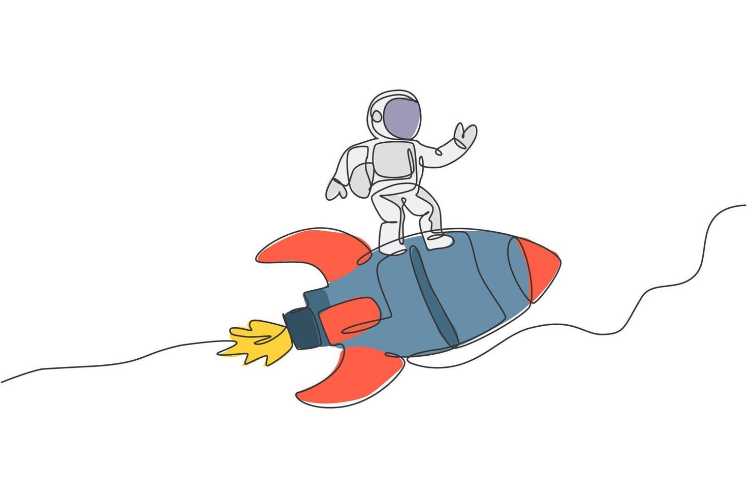 Eine einzige Strichzeichnung eines Astronauten im Raumanzug, der fliegt und den Weltraum entdeckt, während er auf der Illustration eines Raketenraumschiffs steht. Erforschung des Weltraumkonzepts. modernes Design mit durchgehender Linienführung vektor