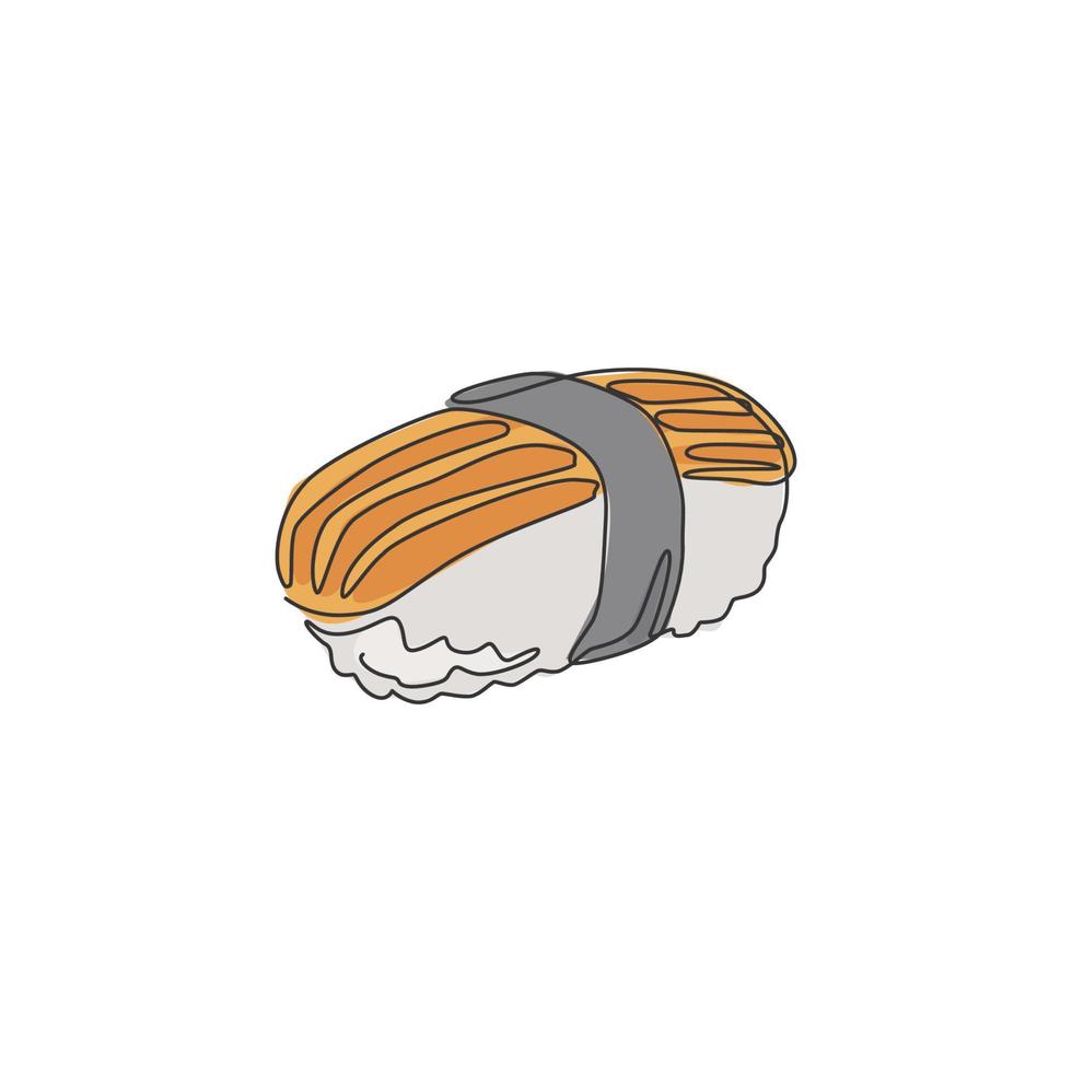 eine durchgehende Linie, die frisches, köstliches japanisches Nigiri-Sushi-Bar-Restaurant-Logo-Emblem zeichnet. Japan Sea Food Shop Logo Vorlagenkonzept. moderne einzeilige zeichnen design vektorgrafik illustration vektor
