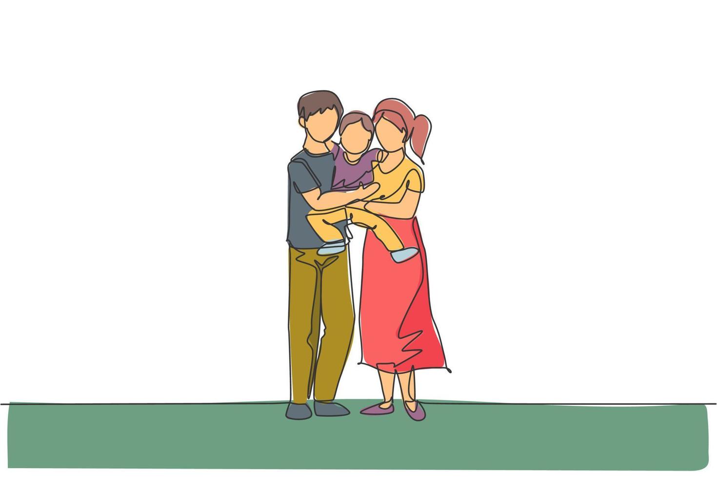 en kontinuerlig radritning ung glad mor och pappa som bär sin son tillsammans full av värme. lyckligt kärleksfullt föräldraskap familjekoncept. dynamisk enkel linje rita design grafisk vektor illustration
