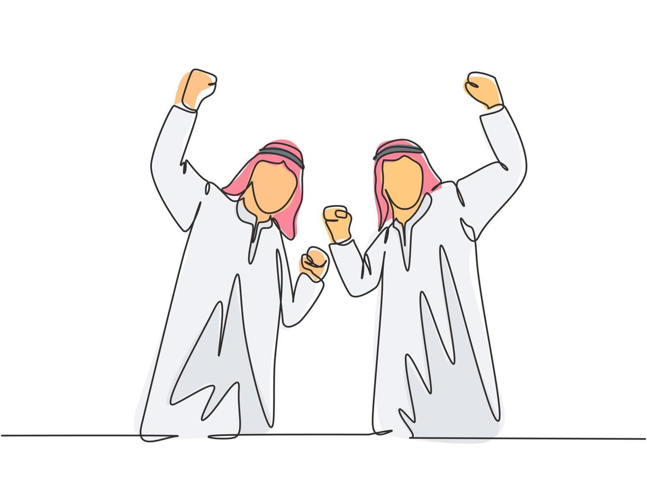 en enda radritning av unga glada muslimska anställda firar sitt jobbfrämjande. saudiarabian med shmag, kandora, halsduk, thobe, ghutra. kontinuerlig linje rita design vektor illustration