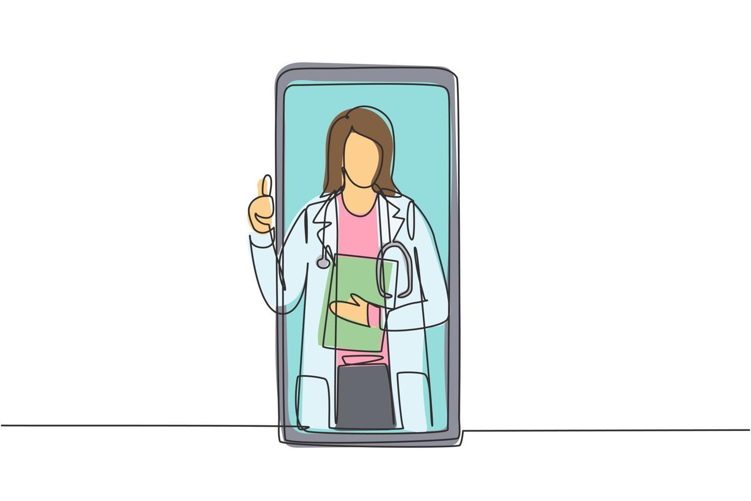 enkel kontinuerlig linje som ritar två smartphones ansikte mot ansikte och innehåller hijab kvinnlig patient och hijab kvinnlig läkare med sina kroppar som om de kommer ut ur en smartphone. en rad rita grafisk design vektor