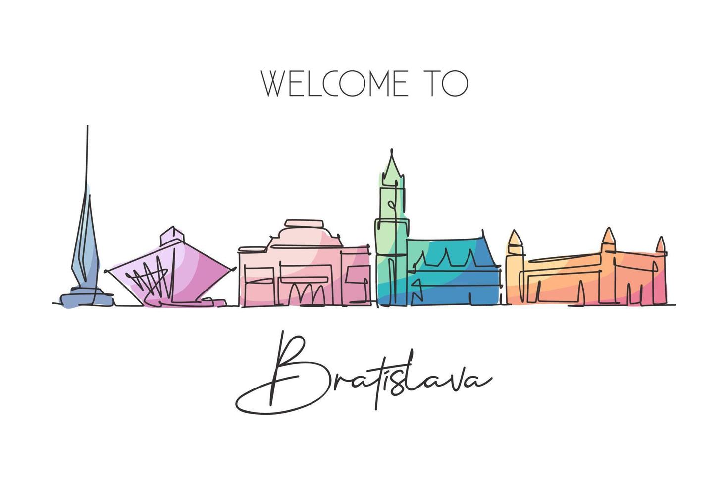 einzelne durchgehende Linienzeichnung der Skyline von Bratislava in der Slowakei. berühmte Schönheitsstadtlandschaft. Weltreisekonzept Hauptwanddekorplakatdruckkunst. moderne einzeilige abgehobene betragsdesign-vektorillustration vektor