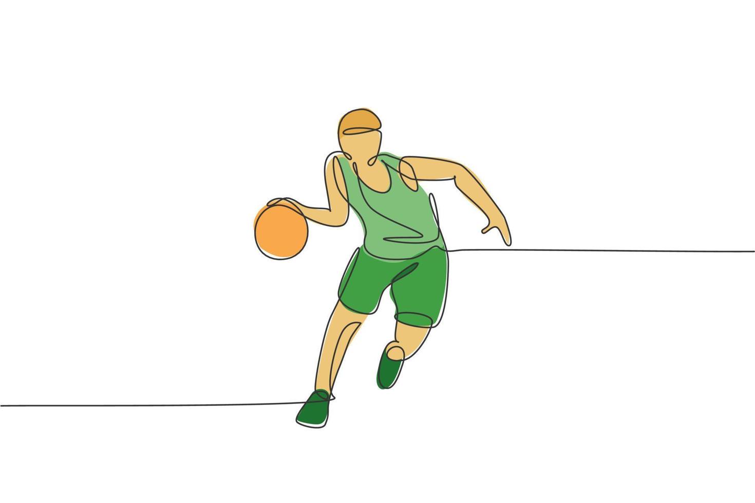 enda kontinuerlig linjeteckning av ung smidig basketspelare som dribblar bollen. tävlingsidrottskoncept. trendiga en rad rita design vektor illustration för basket turnering marknadsföring media