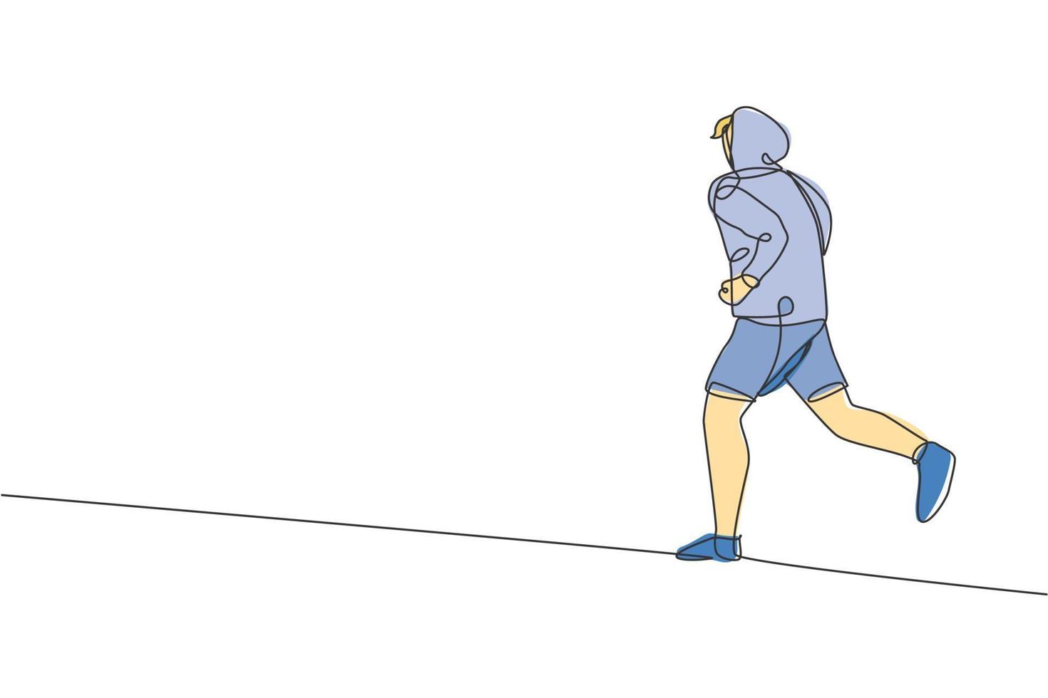 einer kontinuierlich Linie Zeichnung von jung sportlich Läufer Mann entspannen Laufen beim Landschaft. gesund Lebensstil und Spaß Joggen Sport Konzept. dynamisch Single Linie zeichnen Design Grafik Vektor Illustration