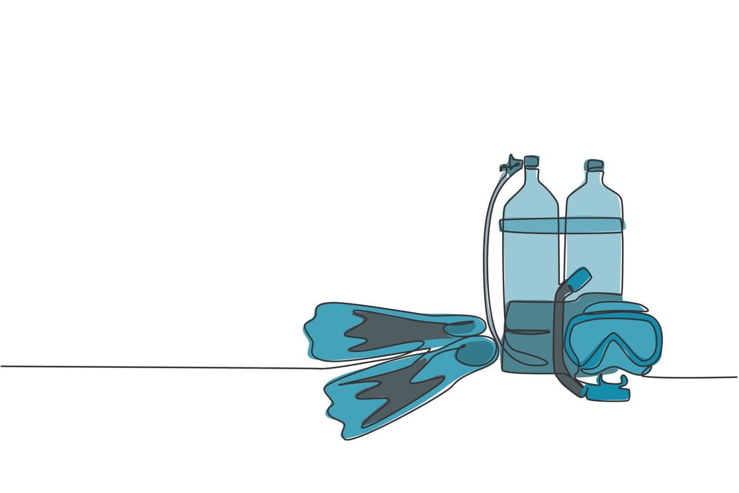 Neoprenanzug, Badeanzug, Atemregler, Sauerstoff, Maske, Schnorchelbrille und Flossen in einer fortlaufenden Strichzeichnung. Konzept der Wassersport-Tauchausrüstung. dynamische einzeilige zeichnen design vektorgrafik illustration vektor