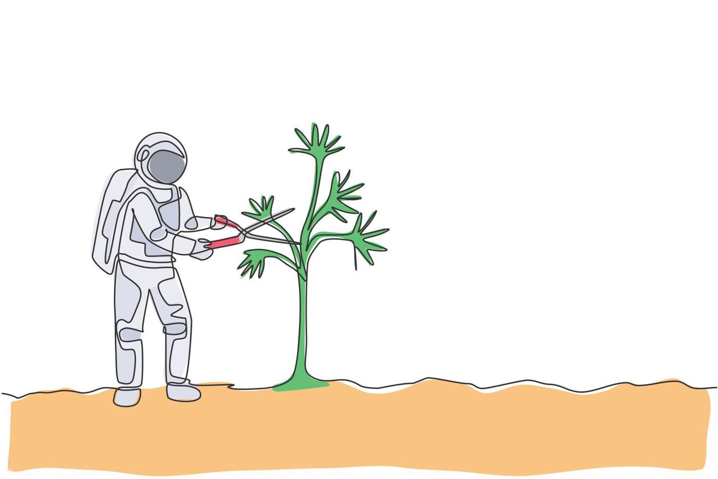 en enda radritning av astronaut som skär trädblad med trädgårdsax i månytan vektorgrafisk illustration. yttre rymden trädgårdsarbete koncept. modern kontinuerlig linje rita design vektor