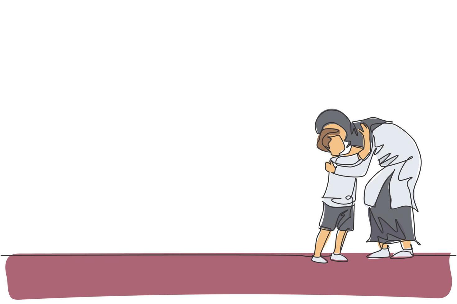 en kontinuerlig linjeteckning av ung islamisk mamma kramar sin son innan han går till skolan. lyckliga arabiska muslimska kärleksfulla föräldraskap familjen koncept. dynamisk enkel linje rita design vektor illustration