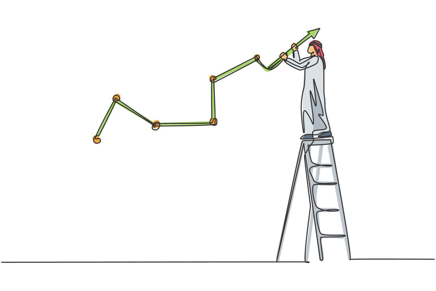 enda kontinuerlig linje ritning ung arabisk affärsman rita ökande försäljningstillväxt graf. smart marknadschef för framgång. minimalism koncept dynamisk en rad rita grafisk design vektor illustration