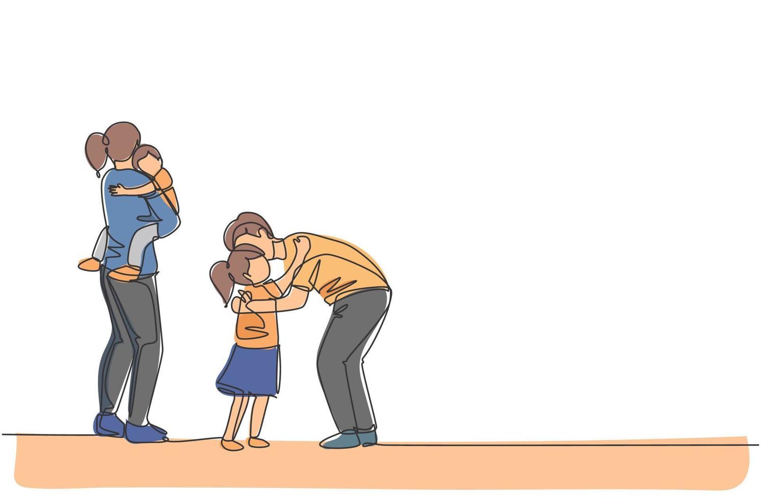 en kontinuerlig linje ritning av ung far kramar sin dotter innan han går till kontoret medan mamma bär sonen hemma. lycklig familj föräldraskap koncept. enkel linje rita design vektor illustration