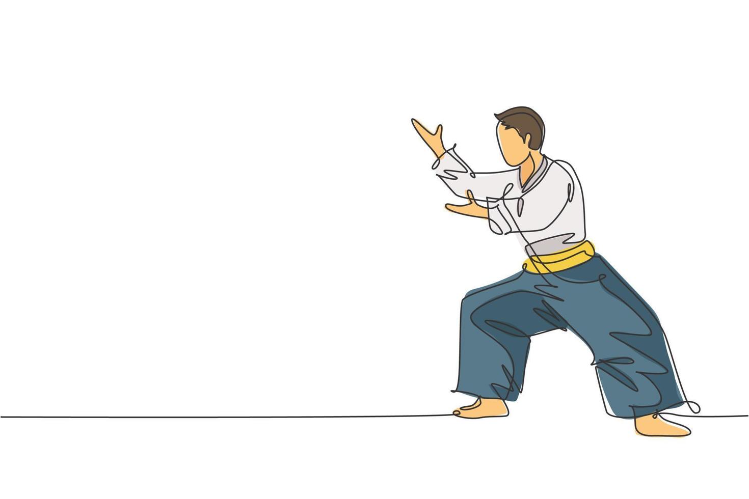 enda kontinuerlig linje ritning ung sportig man bär kimono öva aikido slåss hållning pose teknik. japansk kampsport koncept. trendig en linje rita design vektor illustration grafik