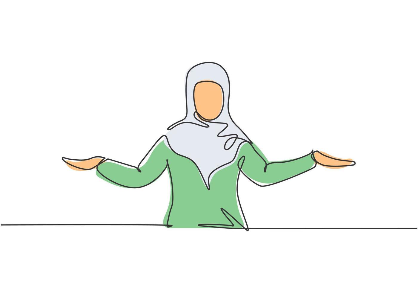 enda en linje ritning av ung arabisk affärskvinna sträckte ut armarna. företagspresentation för att ta reda på lösningen minimalistiska koncept. kontinuerlig linje rita design grafisk vektor illustration.