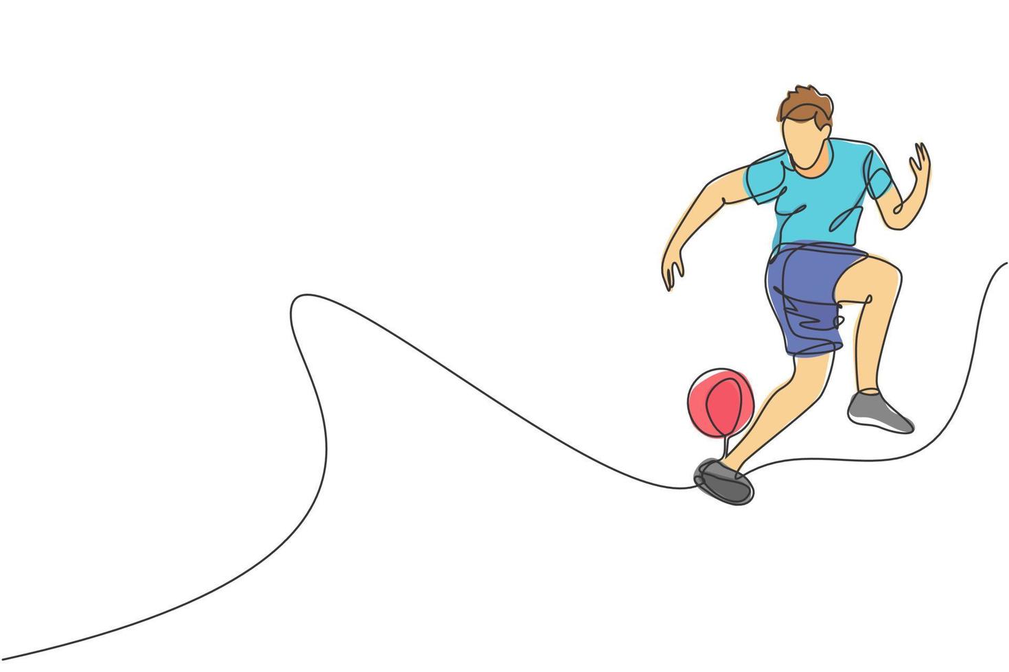 en enda linjeteckning av ung man utför fotboll freestyle, hoppa jonglering boll med häl på stadens torg vektorillustration. fotboll freestyler sport koncept. modern kontinuerlig linjeritningsdesign vektor