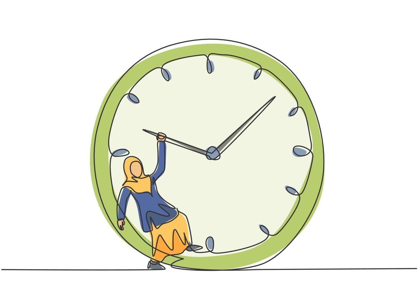 einzelne durchgehende Linie, die junge arabische Geschäftsfrau zeichnet, die an der riesigen analogen Uhr im Uhrzeigersinn hängt. Business Time Disziplin Metapher Konzept. dynamische eine linie zeichnen grafikdesign vektorillustration vektor