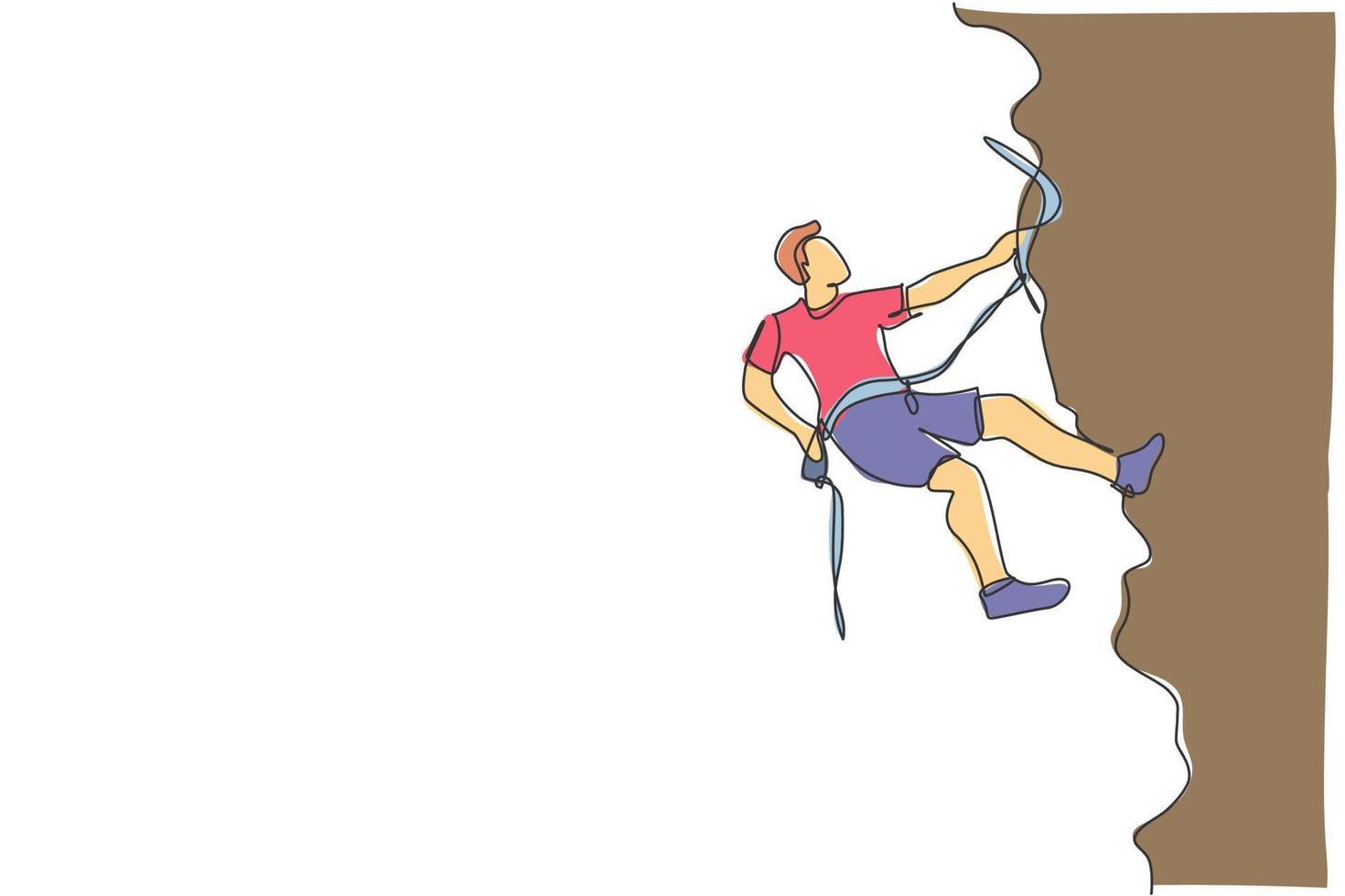 en enda linjeteckning av ung aktiv man som klättrar på klippberget håller säkerhetsrep vektorgrafisk illustration. extrem utomhussport och bouldering koncept. modern kontinuerlig linjeritningsdesign vektor