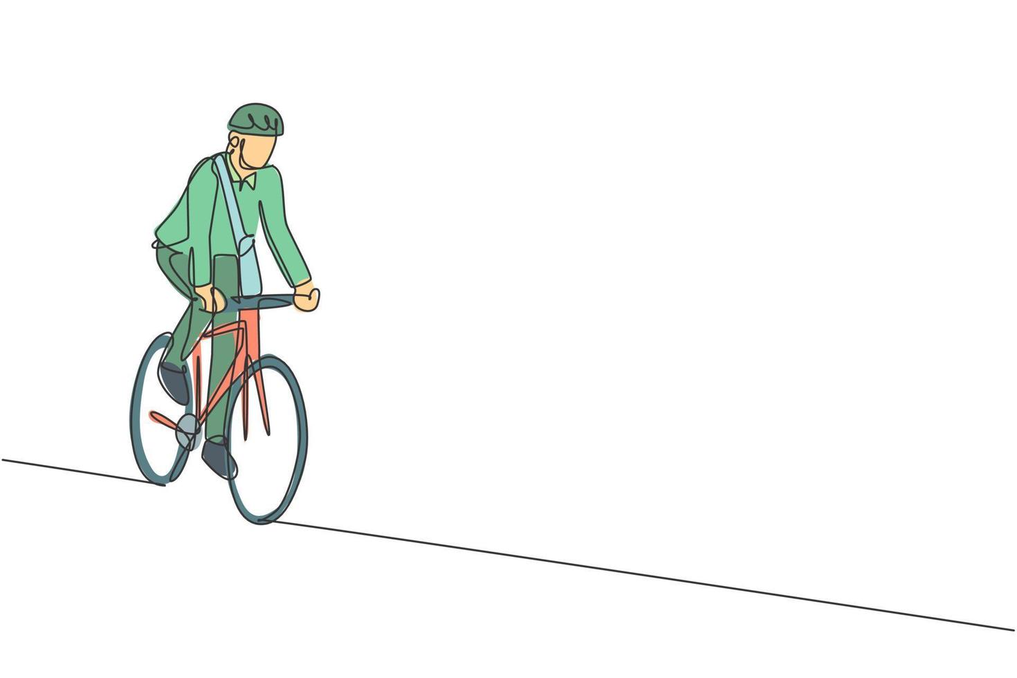enda kontinuerlig linje ritning ung professionell affärsman som cyklar till sitt företag. cykel till jobbet, miljövänligt transportkoncept. trendiga en rad rita design grafisk vektorillustration vektor