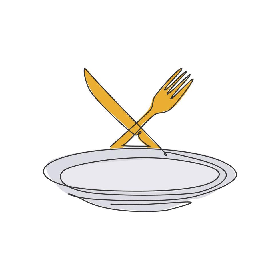 enkel kontinuerlig linjeritning av stiliserad tom tallrik gaffel och kniv logotypetikett. lyxig restaurang emblem konst koncept. modern en rad rita design vektorgrafisk illustration för café butik vektor