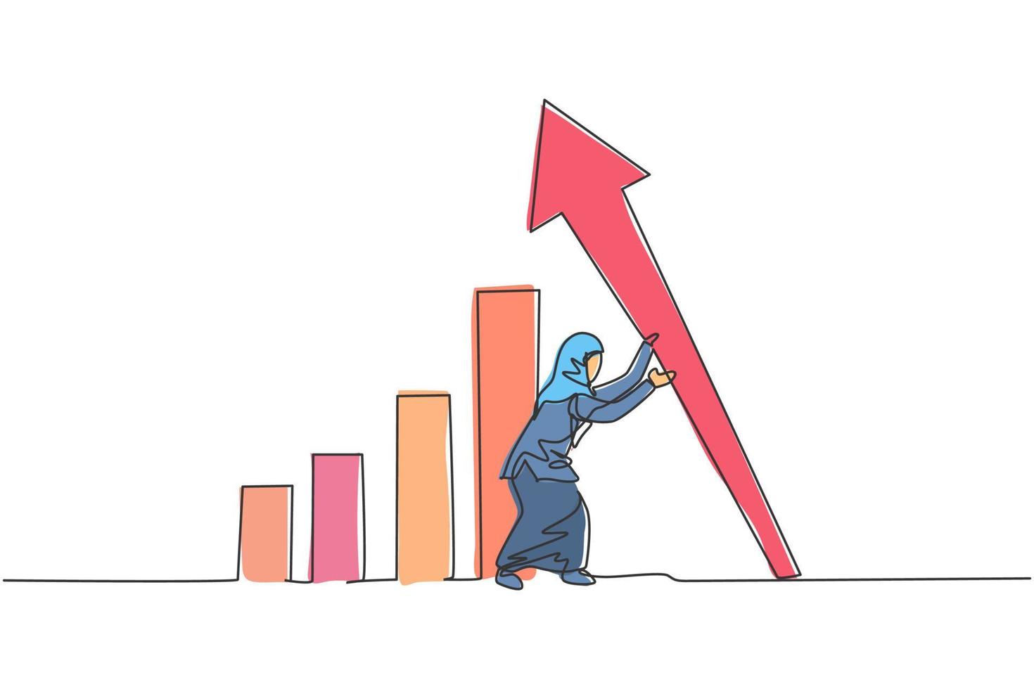 Single One-Line-Zeichnung der jungen intelligenten arabischen Geschäftsfrau, die das Pfeilsymbol nach oben errichtet. minimales Konzept für das finanzielle Wachstum des Unternehmens. moderne durchgehende Linie zeichnen Design-Grafik-Vektor-Illustration vektor