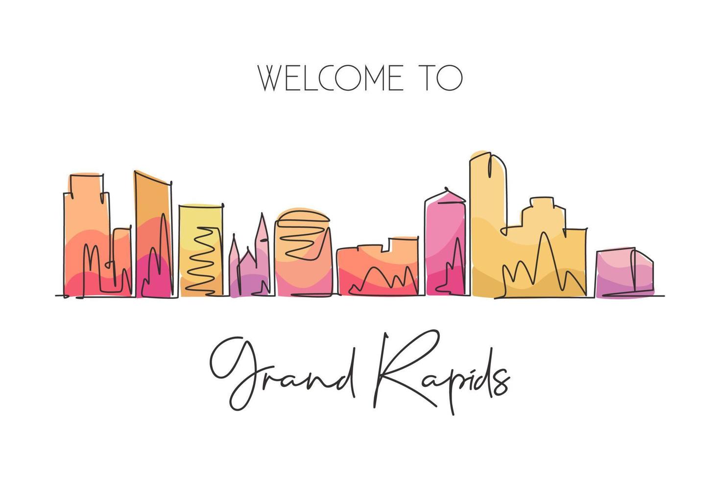 eine einzige linie zeichnung besuchen sie die skyline von grand rapids city, michigan. Weltschönheit Stadtlandschaft. bestes Urlaubsziel. Bearbeitbarer Strich trendige kontinuierliche grafische Linie zeichnen Design-Vektor-Illustration vektor