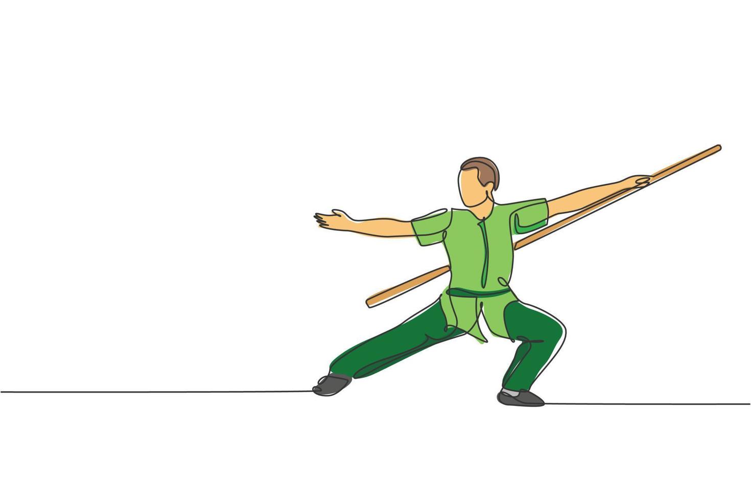 einzelne durchgehende Linienzeichnung des jungen Wushu-Kämpfers, Kung-Fu-Meister im einheitlichen Training mit langem Stab im Dojo-Zentrum. Konzept des Kampfwettbewerbs. trendige einzeilige zeichnen design-vektorillustration vektor
