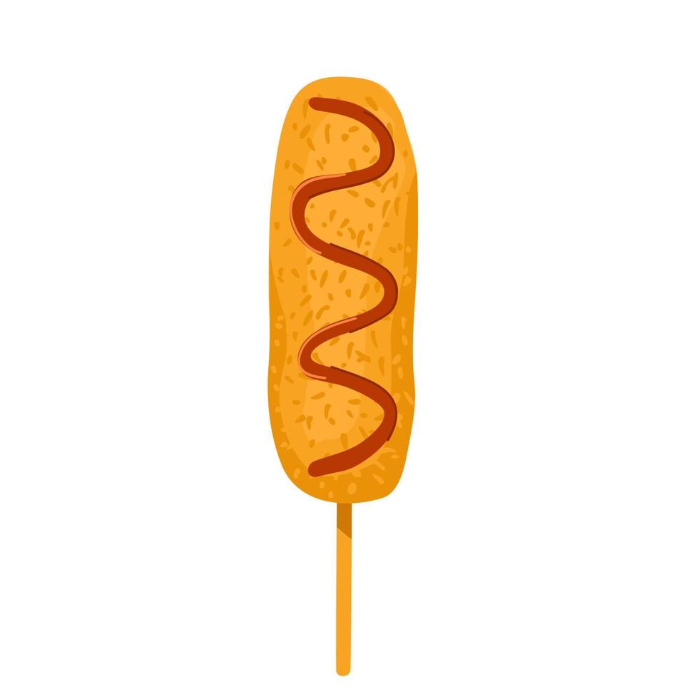 Mais Hund auf Stock süß Farbe Symbol. Koreanisch Straße schnell Lebensmittel. asiatisch heiß Hund Würstchen gebraten im Brot Krümel mit Ketchup. Beliebt Snack isoliert auf Weiß. Vektor Illustration.