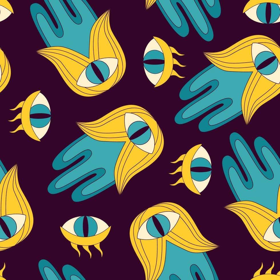 1970 Stil esoterisch nahtlos Muster mit hamsa Hand und böse Augen. Fatima Hand Amulett und abstrakt psychedelisch Auge Hintergrund. Jahrgang drucken, Stoff, Hintergrund, Verpackung Papier. Vektor Illustration.