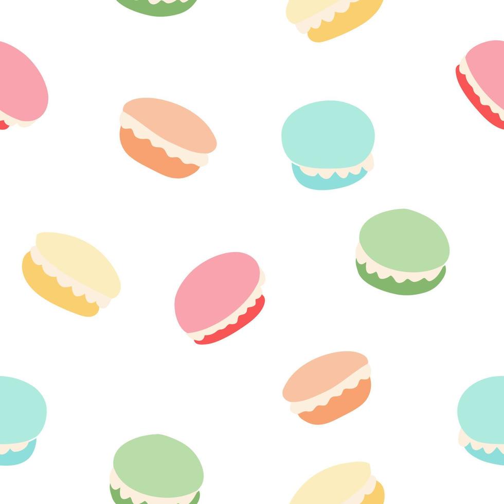 macaron ljuv godis sömlös mönster.söt franska konfekt kakor color bakgrund. hand dragen efterrätt bakverk. vektor illustration.