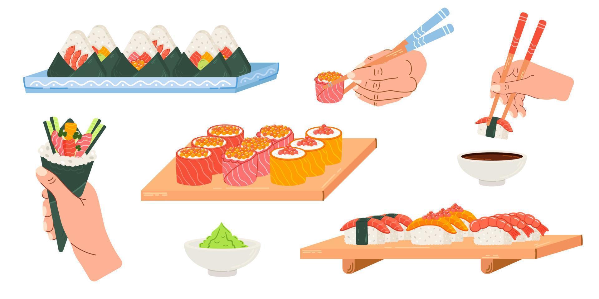 einstellen Abbildungen von asiatisch Lebensmittel. Hand gezeichnet Illustration von Temaki im Hand, Sushi auf ein Platte, Onigiri und Soja Soße. vektor